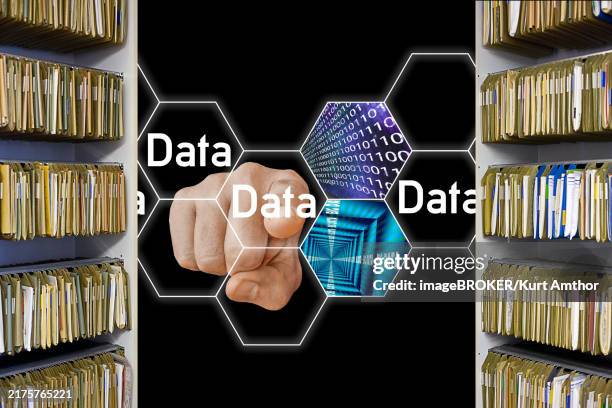 symbolic image, digitisation of administration, outdated processes, dusty authorities, business-to-government market, old-style offices, antiquated filing cabinets, analogue expression, future fields of data processing, bureaucratic shackles, storage tech - digitization stock illustrations