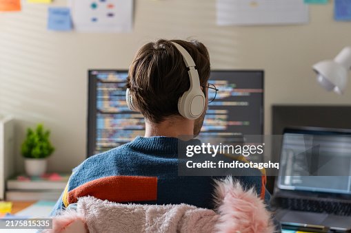 Software Developer Coding at Dual Monitor Setup. Software Developer Coding at Dual Monitor Setup.