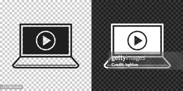 laptop with play button. icon for design on blank background - black play button stock illustrations
