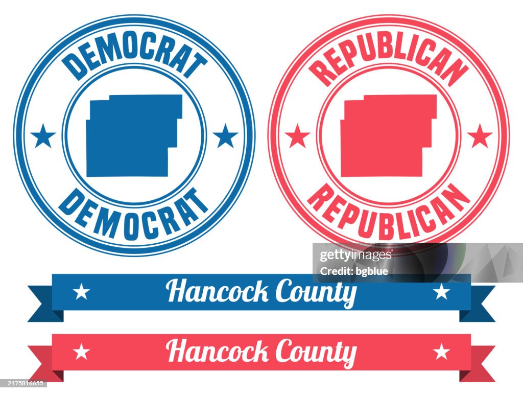 Hancock County, Indiana. Map on rubber stamp with banner