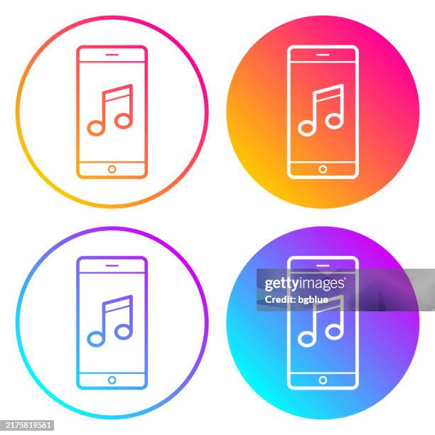 ilustraciones, imágenes clip art, dibujos animados e iconos de stock de música en el smartphone. iconos redondos con degradados de color - mp3 player