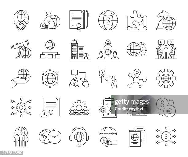 icon-set für globale geschäftsbereiche. vertrag, unternehmen, hauptsitz, franchising - internationale-finanzen stock-grafiken, -clipart, -cartoons und -symbole
