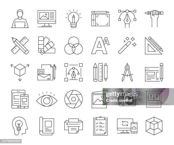 graphic design and creativity line icon set. designer, computer, colors, inspiration - creative director stock illustrations