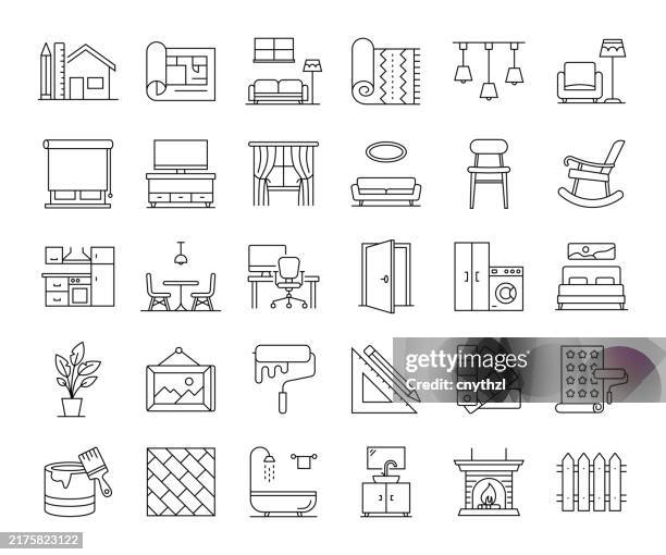 ilustraciones, imágenes clip art, dibujos animados e iconos de stock de decoración del hogar y conjunto de iconos de la línea de diseño de interiores. arquitecto, muebles, moderno, de moda - decoración artículos domésticos