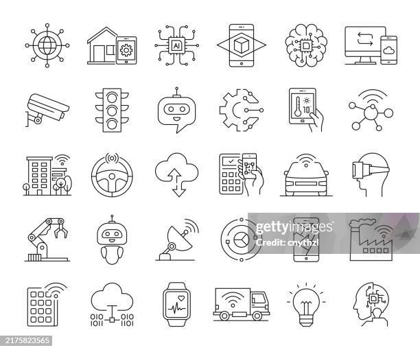 internet of things line icon set. technology, connection, automation, internet, digitalization. - augmented reality car stock illustrations