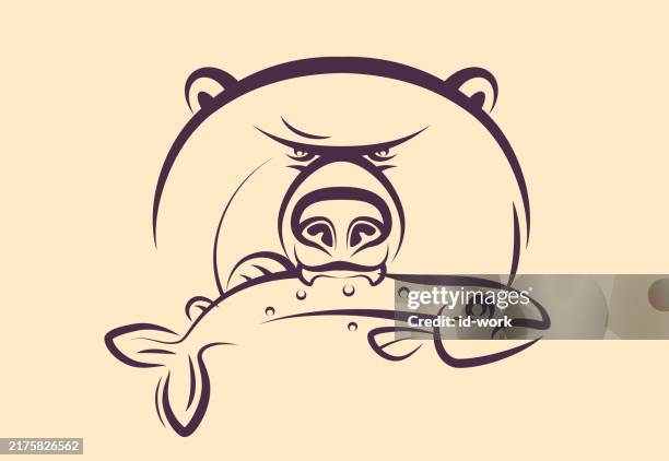 bear catching fish symbol - eating salmon stock illustrations