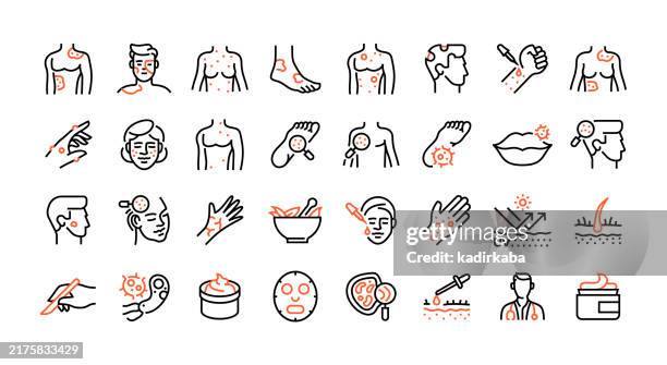 ilustrações de stock, clip art, desenhos animados e ícones de dermatology line icon set. group of object. vitiligo, rash, eczema, psoriasis, rosacea, moles, herpes, alopecia. - inflamação