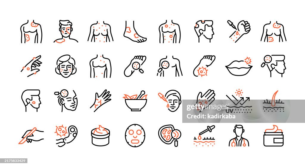 Dermatology line icon set. Group of object. Vitiligo, rash, eczema, psoriasis, rosacea, moles, herpes, alopecia.