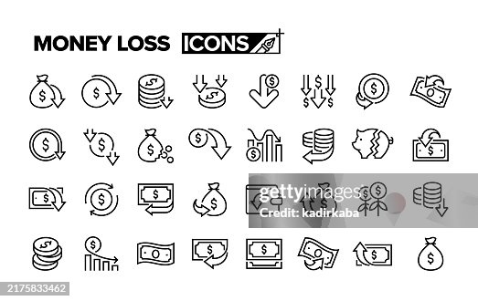 Conjunto de iconos de línea de pérdida de dinero. Grupo de objetos. Conjunto de iconos de línea de pérdida de dinero. Grupo de objetos.