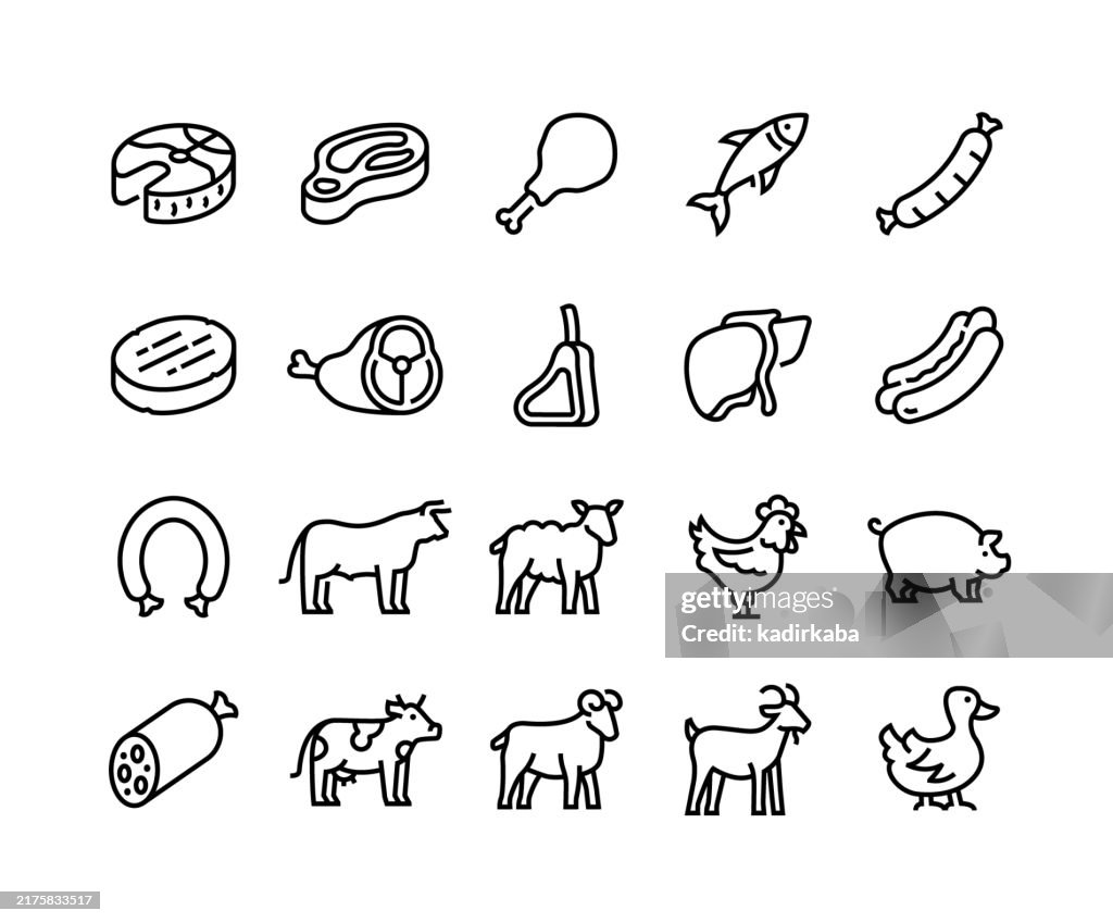 Icon-Set für Fleischlinien. Gruppe von Objekten. Schinken, Huhn, Rippchen, Salami, Sushi, Steak, Lachs, Wurst, Lammfleisch, Wurst.
