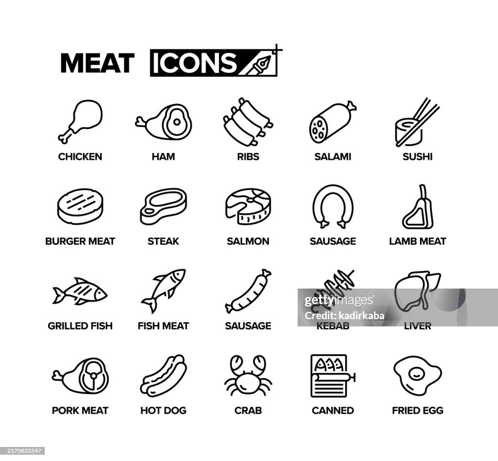 Icon-Set für Fleischlinien. Gruppe von Objekten. Schinken, Huhn, Rippchen, Salami, Sushi, Steak, Lachs, Wurst, Lammfleisch, Wurst.