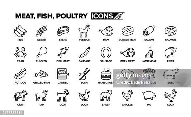 icon-set für fleischlinien. gruppe von objekten. schinken, huhn, rippchen, salami, sushi, steak, lachs, wurst, lammfleisch, wurst. - geflügelfleisch stock-grafiken, -clipart, -cartoons und -symbole