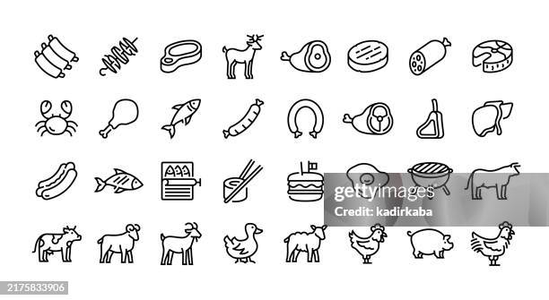 ilustraciones, imágenes clip art, dibujos animados e iconos de stock de conjunto de iconos de línea de carne. grupo de objetos. jamón, pollo, costillas, salami, sushi, bistec, salmón, salchicha, carne de cordero, salchicha. - plato de carne