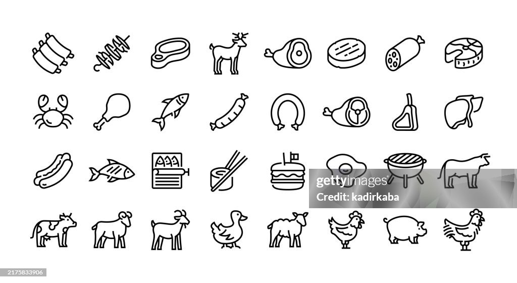 Meat line icon set. Group of object. Ham, chicken, ribs, salami, sushi, steak, salmon, sausage, lamb meat, sausage.