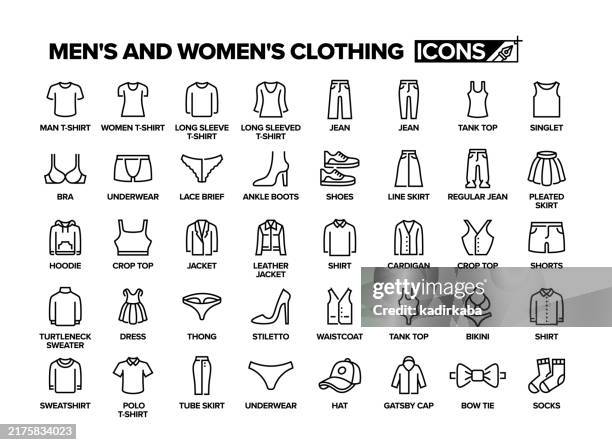 illustrations, cliparts, dessins animés et icônes de ensemble d’icônes de la ligne de vêtements pour hommes et femmes. groupe d’objets. - veste-et-blouson