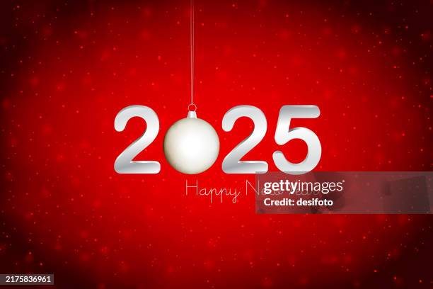 silver metallic colored three dimensional 3d text 2025 happy new year on dark red maroon glowing gradient coloured festive glowing glittering vector backgrounds for greeting cards, posters and banners with hanging christmas ornament or bauble - wine background stock illustrations