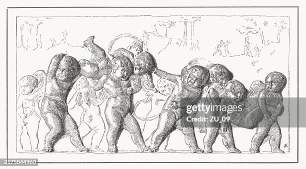 playing putti, italian bronze plaquette (c.1450/80, wood engraving, published 1890 - berlin museum island stock illustrations