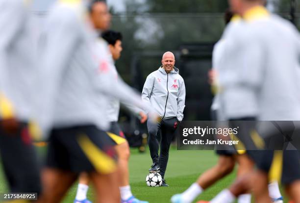 Arne Slot, Manager of Liverpool, looks on during the UEFA Champions League 2024/25 League Phase MD2 training session at AXA Melwood Training Centre...