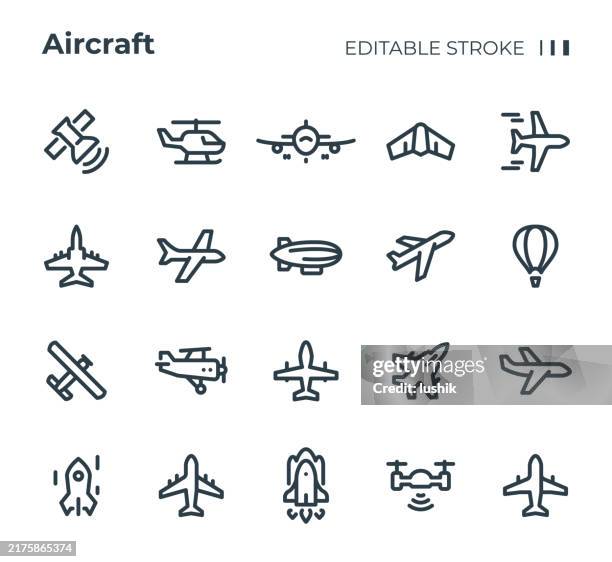 illustrations, cliparts, dessins animés et icônes de ensemble d’icônes de l’industrie aérospatiale. poids de trait modifiable. icônes parfaites au pixel près. - avion de chasse