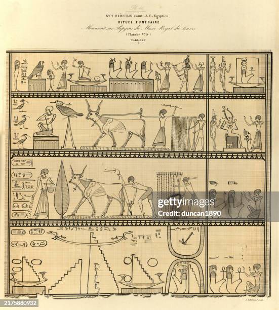 history, ancient egyptian hieroglyphs, script, writing, funeral ritual, papyrus 15th century bc, vintage illustration - ceremony stock illustrations