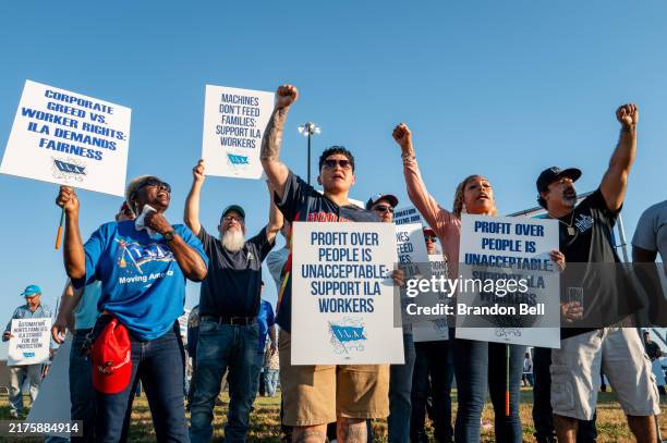 Dockworkers strike in a picket line outside of the Port of Houston Authority on October 01, 2024 in Houston, Texas. Members of the International...