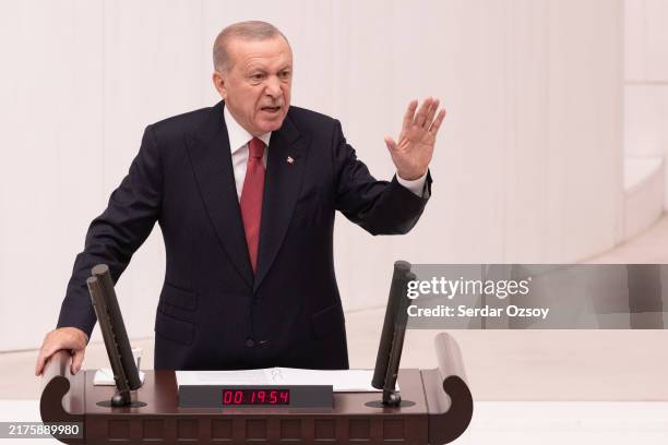 Turkish President Recep Tayyip Erdogan addresses the parliament to mark the opening of the new legislative year at the General Assembly of the...