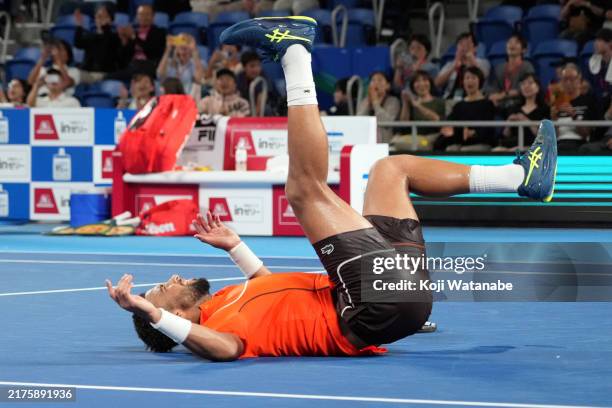 Arthur Fils of France celebrates winning against Ugo Humbert of France in the championships - singles final during day seven of Kinoshita Group Japan...