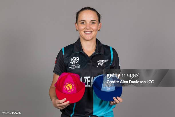 Melie Kerr of New Zealand poses for a portrait with her ICC T20I Team of the Year 2023 and ICC ODI Team of the Year 2023 Caps prior to the ICC...