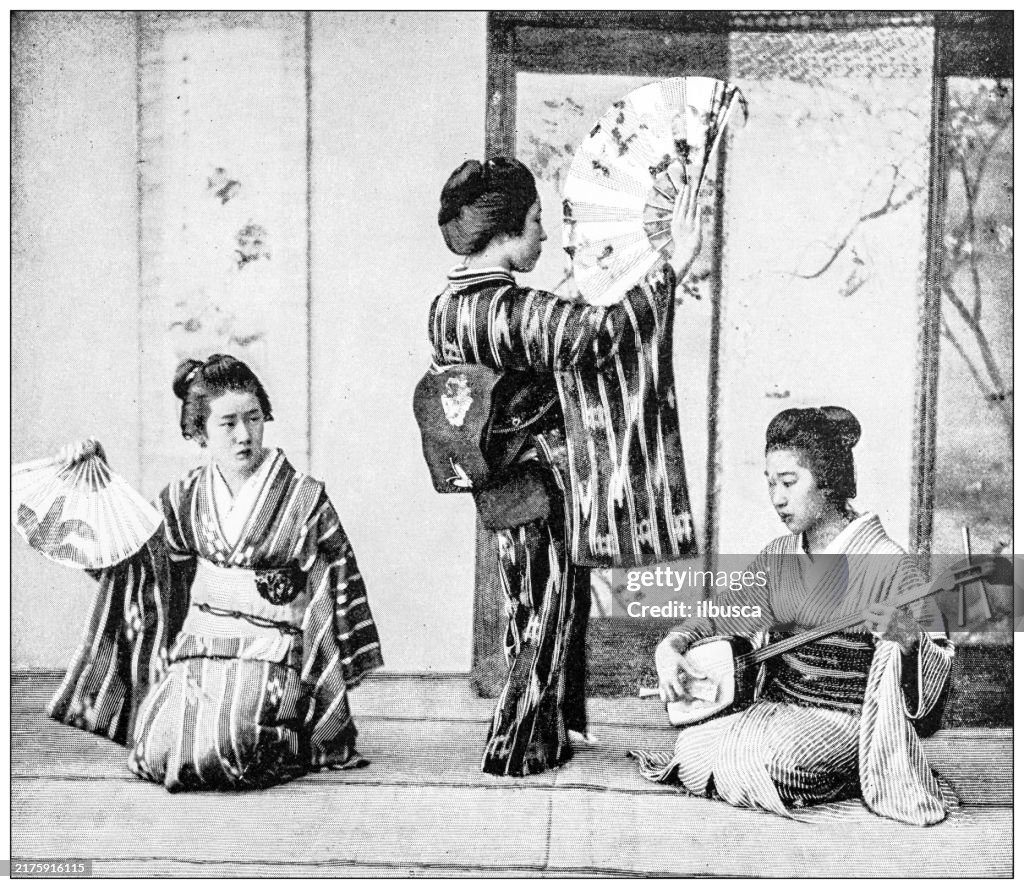 Antique image: Japanese people portrait in traditional clothes