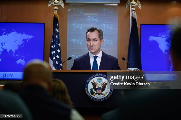 State Department spokesperson Matthew Miller speaks on the Iranian missile attacks on Israel at the State Department on October 01, 2024 in...