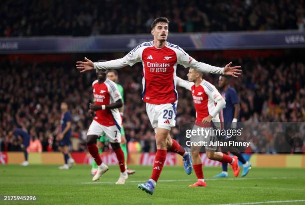 Kai Havertz of Arsenal celebrates scoring his team's first goal during the UEFA Champions League 2024/25 League Phase MD2 match between Arsenal FC...
