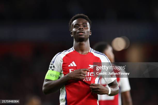 Bukayo Saka of Arsenal celebrates scoring his team's second goal during the UEFA Champions League 2024/25 League Phase MD2 match between Arsenal FC...