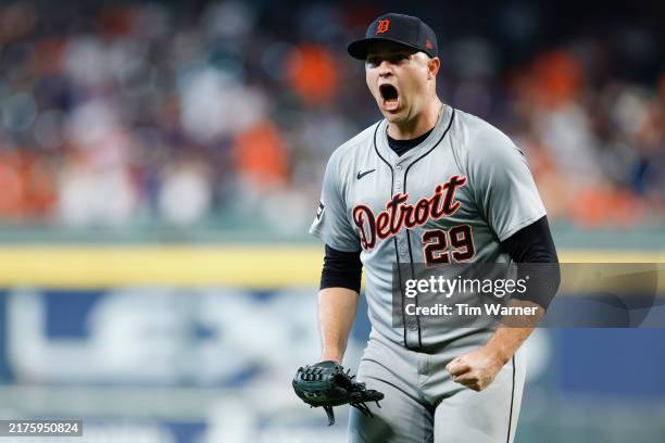 Tarik Skubal of the Detroit Tigers reacts after recording a strikeout against the Houston Astros to end the fourth inning during Game One of the Wild...