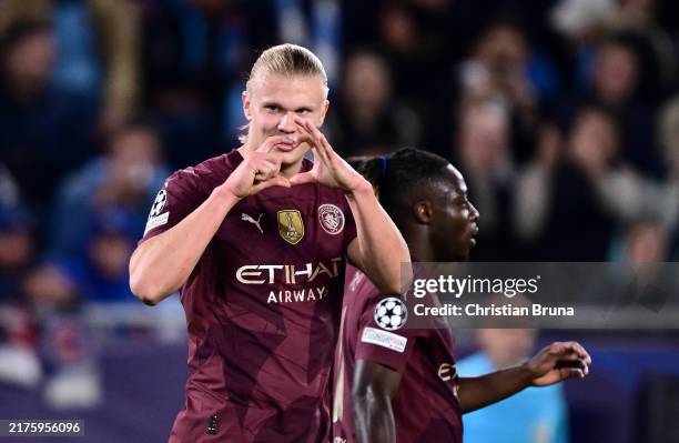 Erling Haaland of Manchester City celebrates scoring his team's third goal during the UEFA Champions League 2024/25 League Phase MD2 match between...