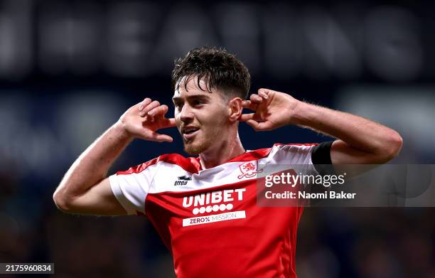 Hayden Hackney of Middlesbrough celebrates scoring his team's first goal during the Sky Bet Championship match between West Bromwich Albion FC and...