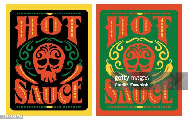 illustrations, cliparts, dessins animés et icônes de ensemble de style abstrait coloré de sauce piquante avec crâne en sucre et modèle d’étiquette de piments - piment