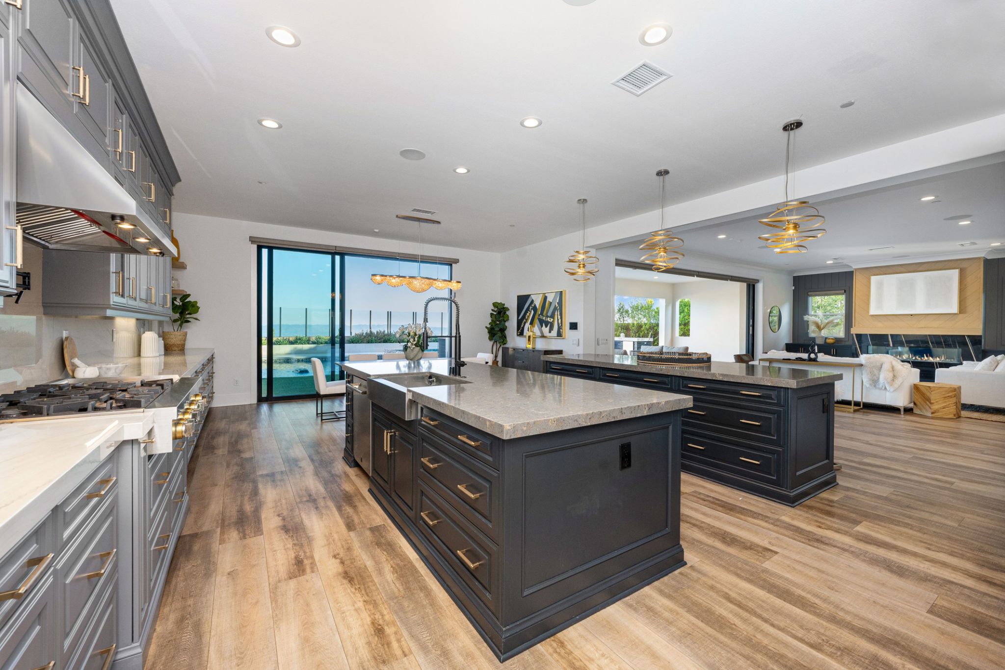 Modern open-concept kitchen with dark cabinetry and island Modern open-concept kitchen with dark cabinetry and island