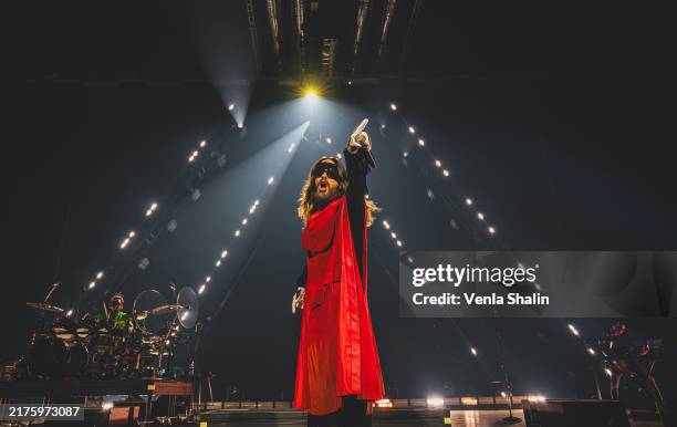 Jared Leto of Thirty Seconds To Mars performs at Helsinki Ice Hall on October 1, 2024 in Helsinki, Finland.