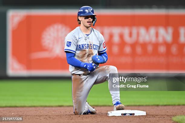 Bobby Witt Jr. #7 of the Kansas City Royals reacts after being caught stealing second base against the Baltimore Orioles during the sixth inning of...