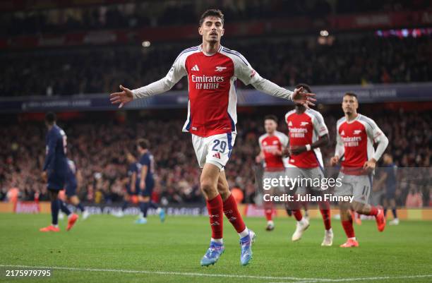 Kai Havertz of Arsenal celebrates scoring during the UEFA Champions League 2024/25 League Phase MD2 match between Arsenal FC and Paris Saint-Germain...