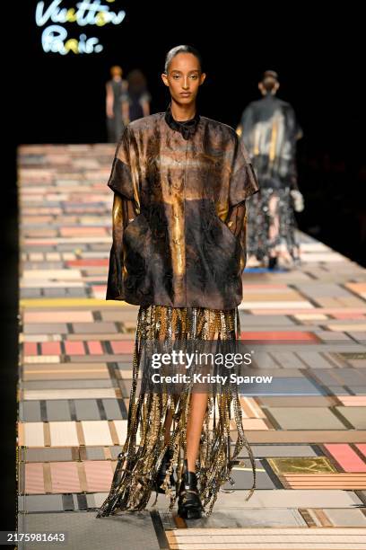 Model walks the runway during the Louis Vuitton Paris Womenswear Spring-Summer 2025 show as part of Paris Fashion Week on October 01, 2024 in Paris,...