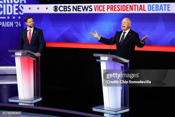 Republican Vice Presidential nominee, Sen. JD Vance , and Democratic vice presidential nominee, Minnesota Gov. Tim Walz, participate in a debate at...