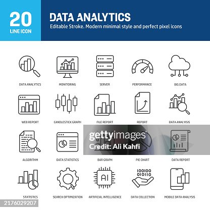 Data analytics line icons. Editable stroke. Containing report, monitoring, analysis, optimization line icons collection. Vector illustration. For website design, logo, app, template, ui, etc Data analytics line icons. Editable stroke. Containing report, monitoring, analysis, optimization line icons collection. Vector illustration. For website design, logo, app, template, ui, etc
