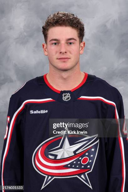 Gavin Brindley of the Columbus Blue Jackets poses for his official headshot for the 2024-2025 season on September 18, 2024 at Nationwide Arena in...