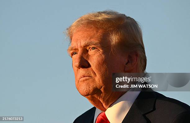 Former US President and Republican presidential candidate Donald Trump speaks during a campaign rally at site of his first assassination attempt in...