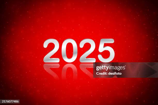 silver metallic white colored three dimensional or 3d text 2025 over dark bright vibrant red maroon horizontal festive glowing glittering smudged happy new year celebrations vector backgrounds - bling background stock illustrations