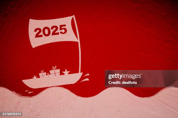 bright glowing comic fun cartoon type christmas or new year diwali red backgrounds with textured effect and rough plastered wall having a graffiti of one pale faded white boat or yacht sailing over tide of waves with text 2025 with gift boxes stars - drop box stock illustrations
