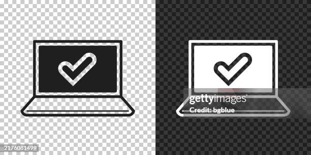 laptop with check mark. icon for design on blank background - behind computer screen stock illustrations