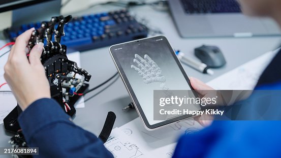 Close up engineer developer working 3D robotics arm model prototype on a digital tablet testing program mechanical software components hand movement Close up engineer developer working 3D robotics arm model prototype on a digital tablet testing program mechanical software components hand movement