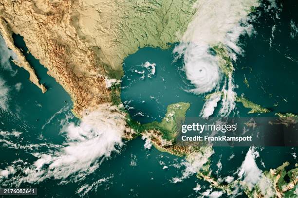 two hurricanes john and helene 2024 cloud map 3d render color - hurricane stock pictures, royalty-free photos & images